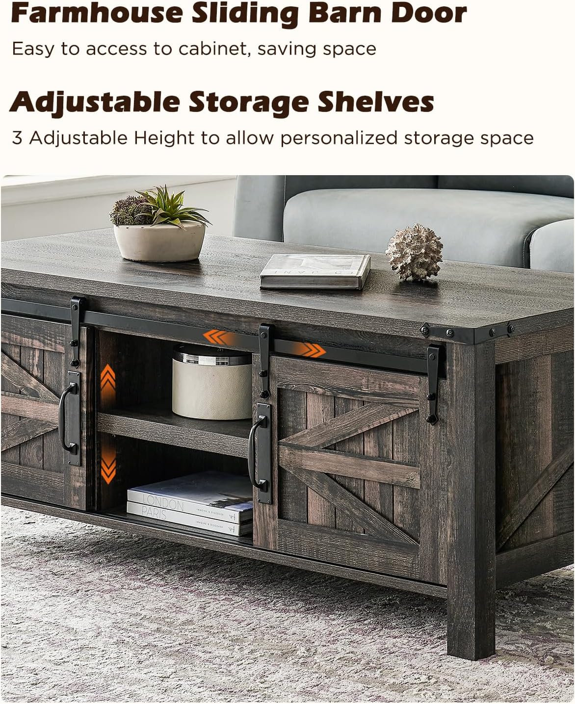 OKD 48" Farmhouse Lift Top Coffee Table with Sliding Barn Door,Rustic Center Table with Hidden Storage Compartment,Lifting Tabletop and Adjustable Shelf for Living Room,Office,Dark Rustic Oak