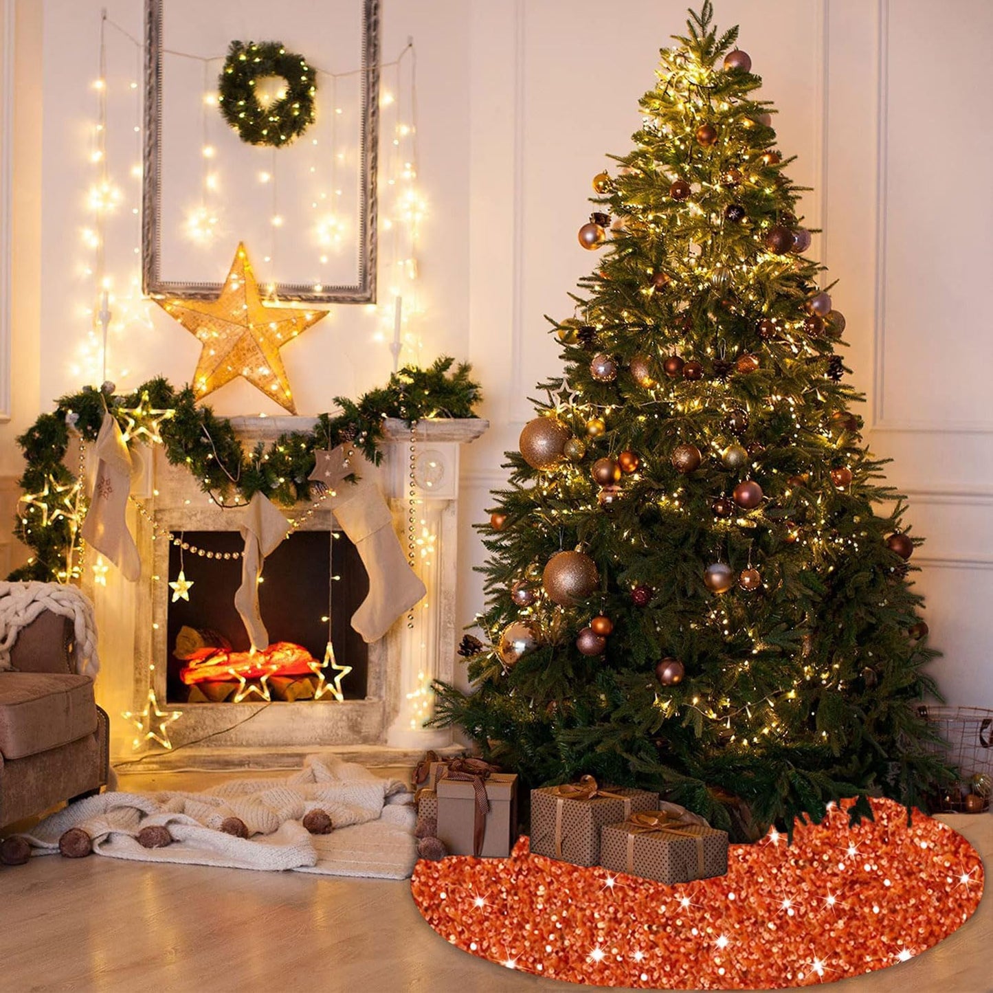 MODFUNS Orange Christmas Tree Skirt 60 Inch Sequin Xmas Tree Skirts Velvet Tree Mat Sparkly Fall Tree Skirt Burnt Orange Round Thanksgiving Tree Base Cover for Artificial Trees Christmas Day Ornaments