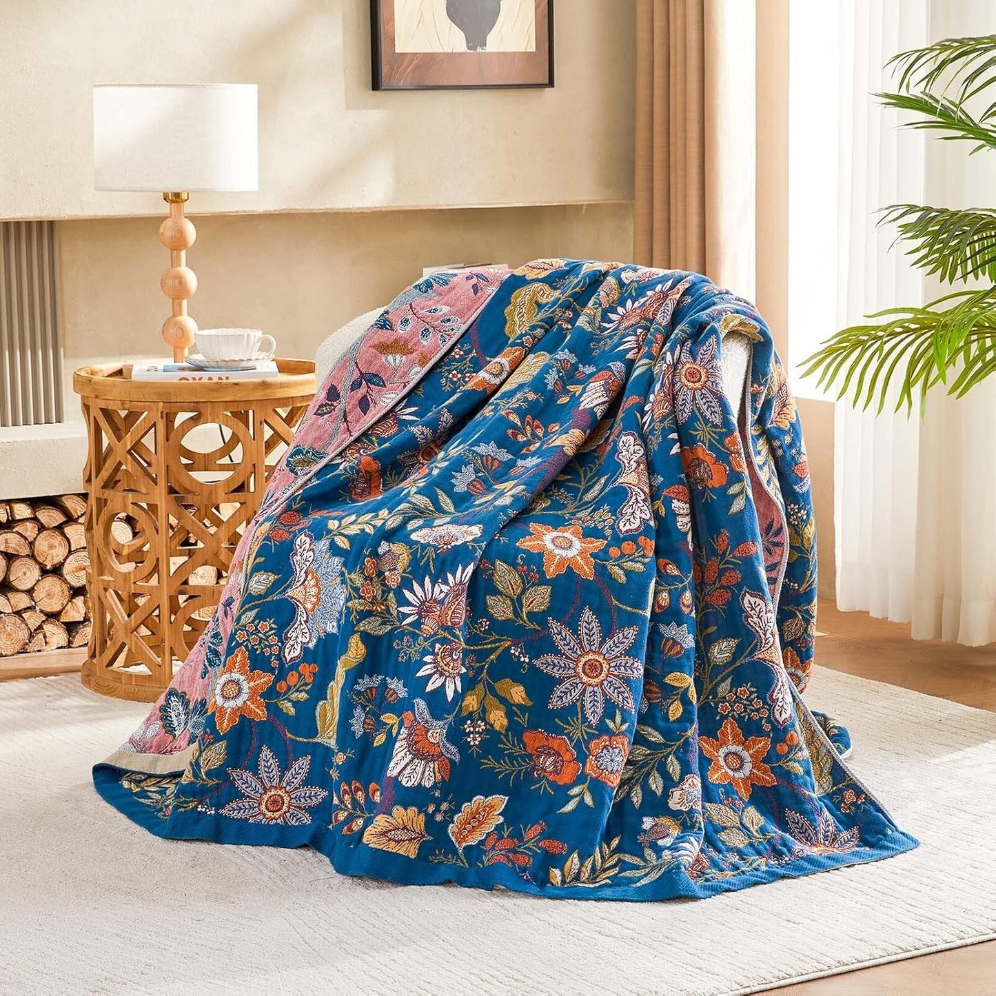 Fall Throw Blanket for Couch, Blue Boho Decorative Throw Blanket, 100% Cotton Muslin Breathable Woven Farmhouse Blankets Quilt, 90"x98" Reversible Lightweight Blankets Bohemian Throw Quilt