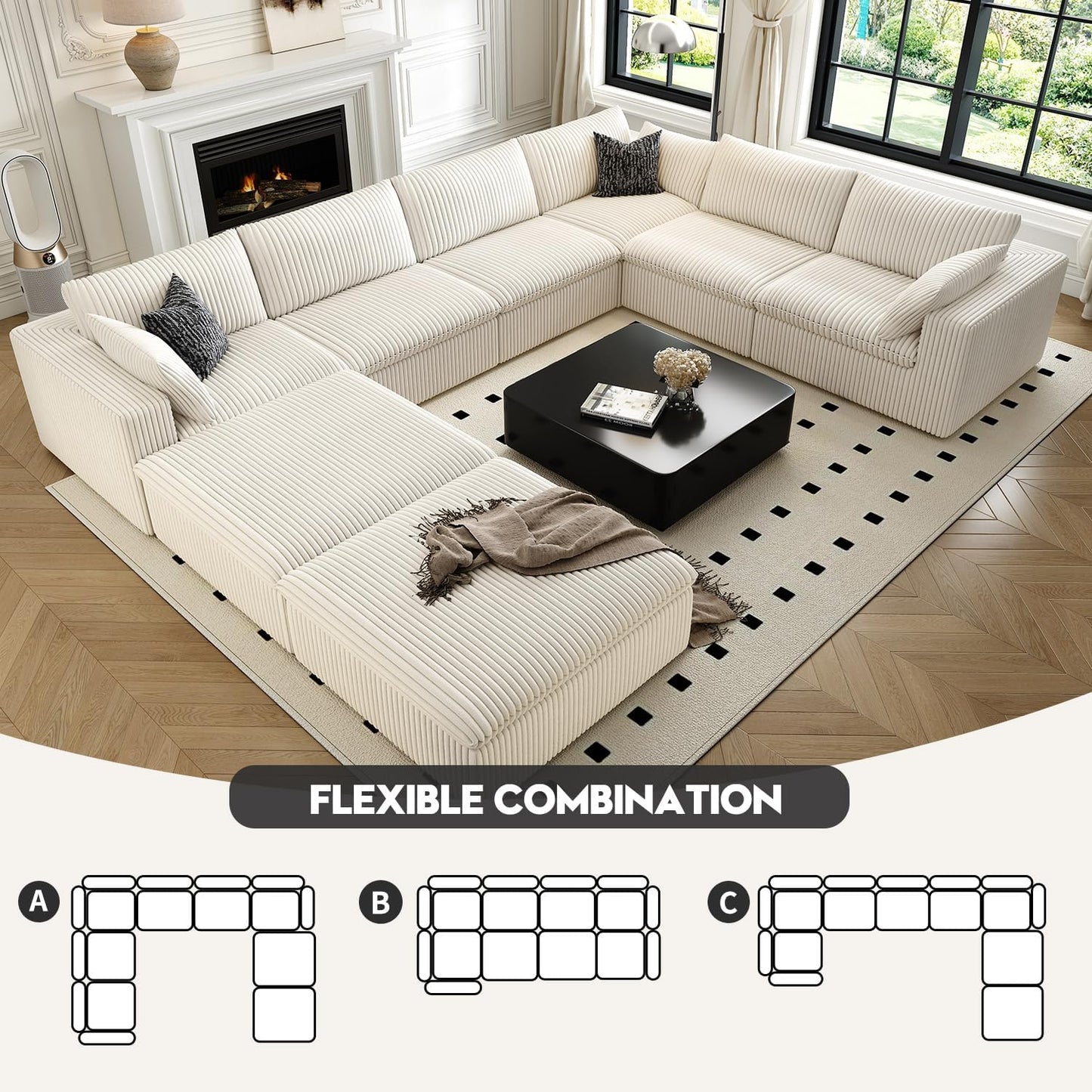 157.5" Cloud Couch Oversized Modular Sectional Sofa for Living Room,Modern Sofa with Deep Seat，8 Seater Boneless Couch with 2 Ottoman,Comfy Upholstered Couches for Apartment, Studio, Office,White