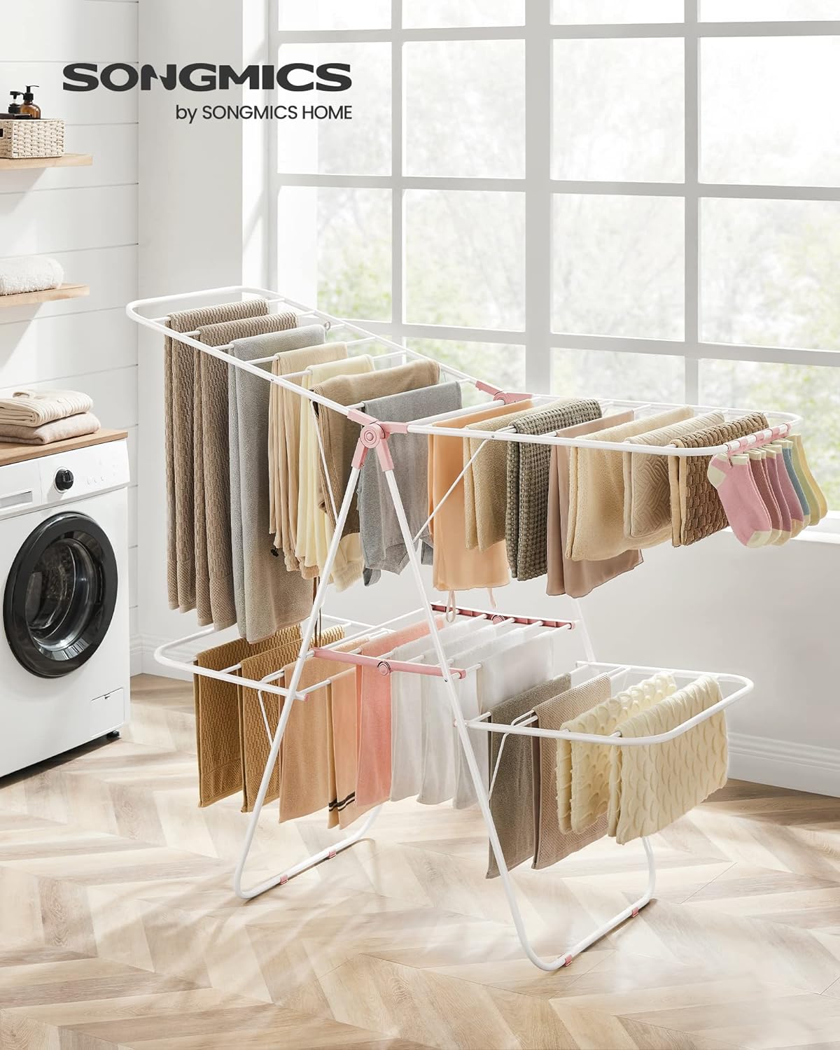 SONGMICS Clothes Drying Rack, Foldable 2-Level Laundry Drying Rack, Free-Standing Laundry Airer, with Height-Adjustable Wings, 33 Drying Rails, Sock Clips, White and Pink ULLR053P01V1