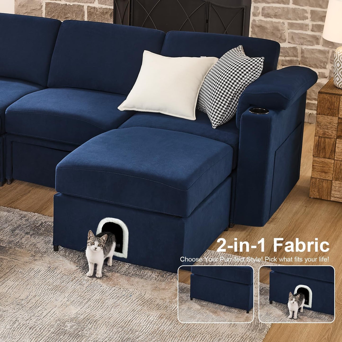 Modular Sectional Sofa Couch for Living Room Velvet Cloud Couches Oversized U Shaped Convertible Sleeper Sofa Chaise Detachable Armrest Cushion Cup Holder (Blue, 8 Seats)