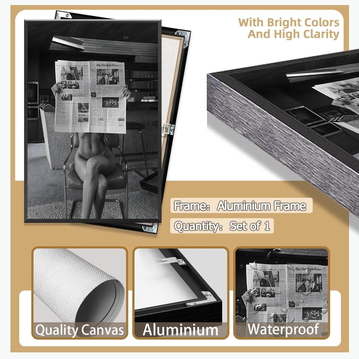 Sexy Glamorous Reader Poster Feminist Art Black and White Preppy Canvas wall art Retro Room Aesthetic Newspaper prints painting Trendy Naked Women Art wall decor 16x24in Framed