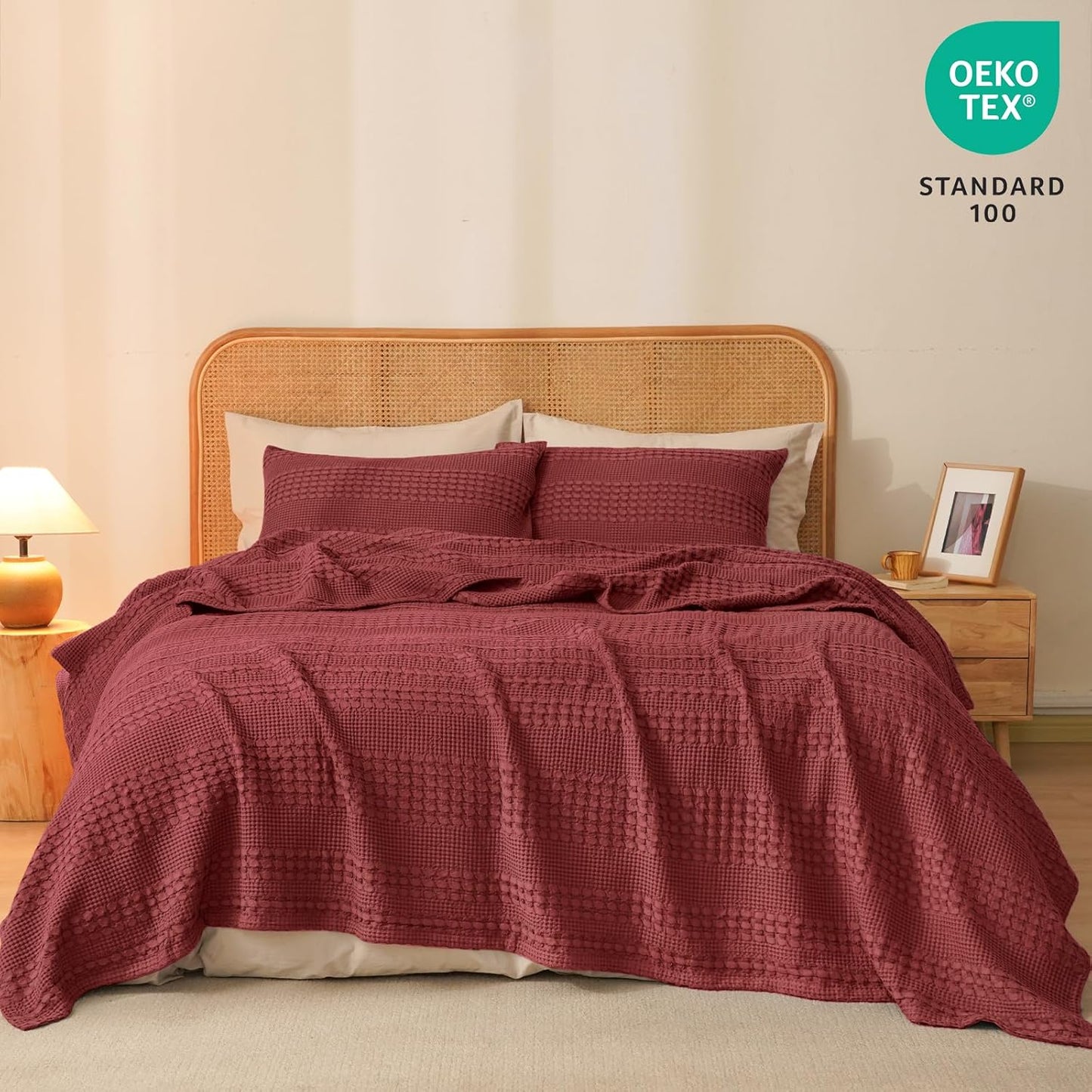 PHF 100% Cotton Waffle Weave Blanket Twin Size, Soft Lightweight Breathable Cozy Summer Blankets for Bed, Luxury Aesthetic Woven Bedding for Home Decor, 66"x90", Wine Red