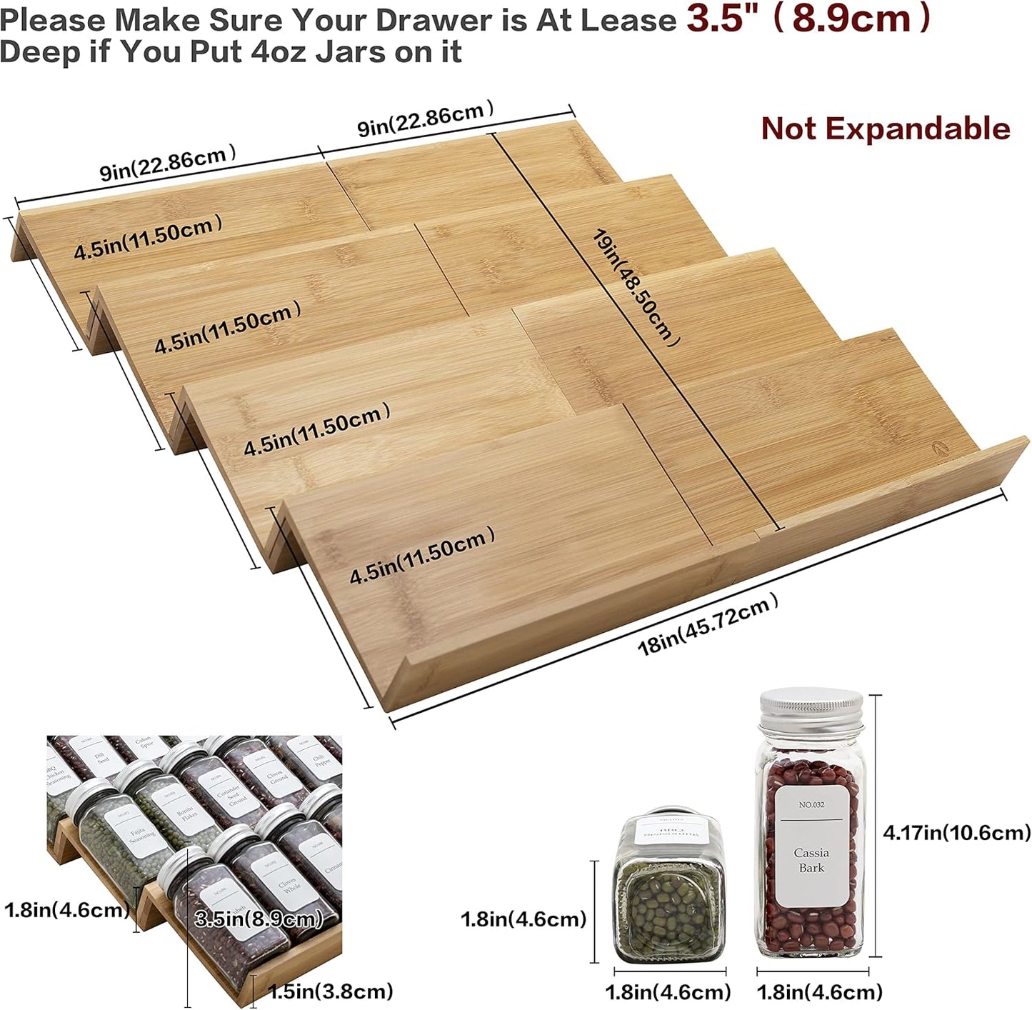Bamboo Spice Rack Drawer Organizer - 8 Pieces Set- 9" Wide Per Piece - Combine Pieces Into 18" Wide Rack (9" or 18")