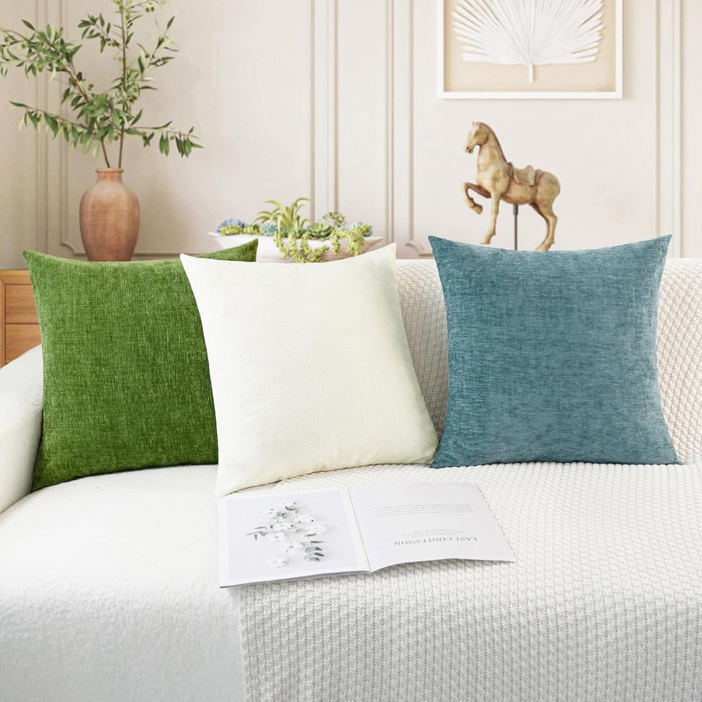 CaliTime Throw Pillow Covers Decorative 18 X 18 Inches Pack of 2 Cozy Chenille Cushion Cases for Couch Sofa Bed Living Room Home Cream