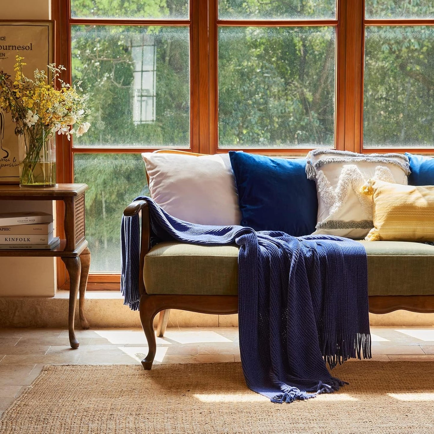 lifein Throw Blanket for Couch, Soft Boho Decor Bed Throw,Cozy Blue Chenille Knitted Small Farmhouse Lightweight Throw for Spring(Blue,60 * 80")