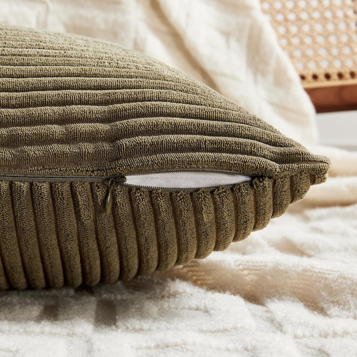 Fancy Homi 2 Packs Olive Green Long Lumbar Decorative Throw Pillow Covers 16x24 Inch for Couch Bed Sofa, Rustic Farmhouse Boho Home Decor, Soft Striped Corduroy Rectangle Accent Cushion Case 40x60 cm