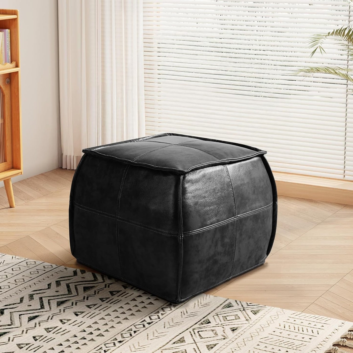 Leather Ottoman,Handmade Stuffed Square Ottoman,Genuine Leather Pouf, Foot Rest Pouf,Comfortable Soft Seating for Living Room & Bedroom (Black, Square)