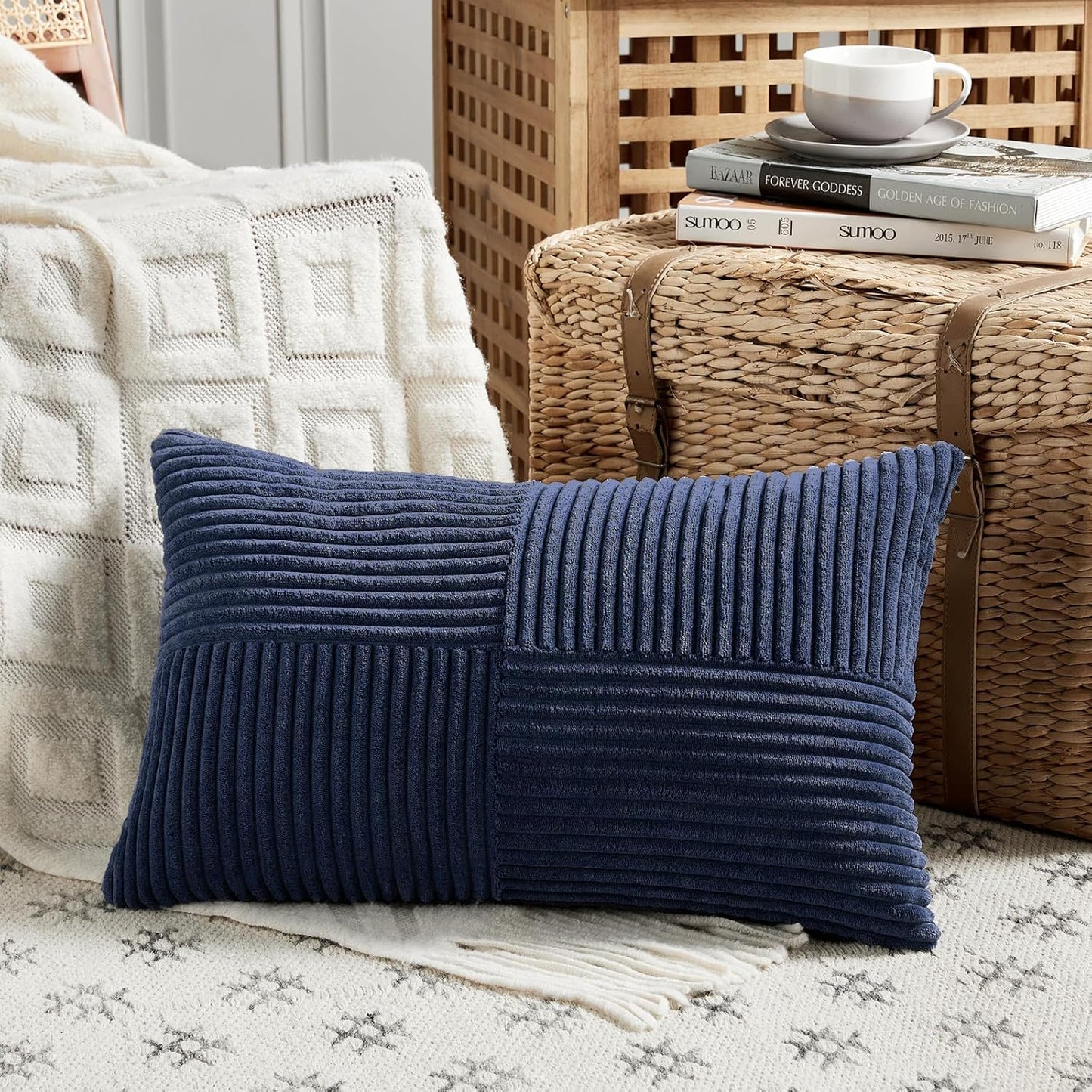 Fancy Homi 2 Packs Navy Blue Lumbar Decorative Throw Pillow Covers 16x32 Inch for Living Room Couch, Rustic Farmhouse Boho Home Decor, Soft Striped Corduroy Rectangle Accent Cushion Case 40x80 cm