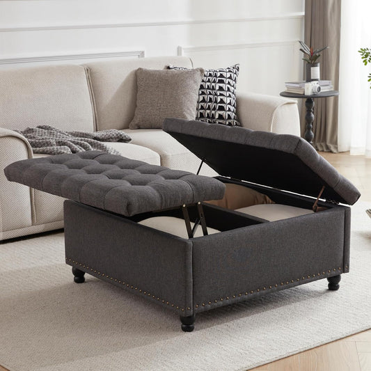 Tbfit Large Square Storage Ottoman Bench, Tufted Upholstered Coffee Table Ottoman with Lift Top & Wooden Legs, Oversized Storage Ottomans Toy Box for Living Room (Dark Grey)