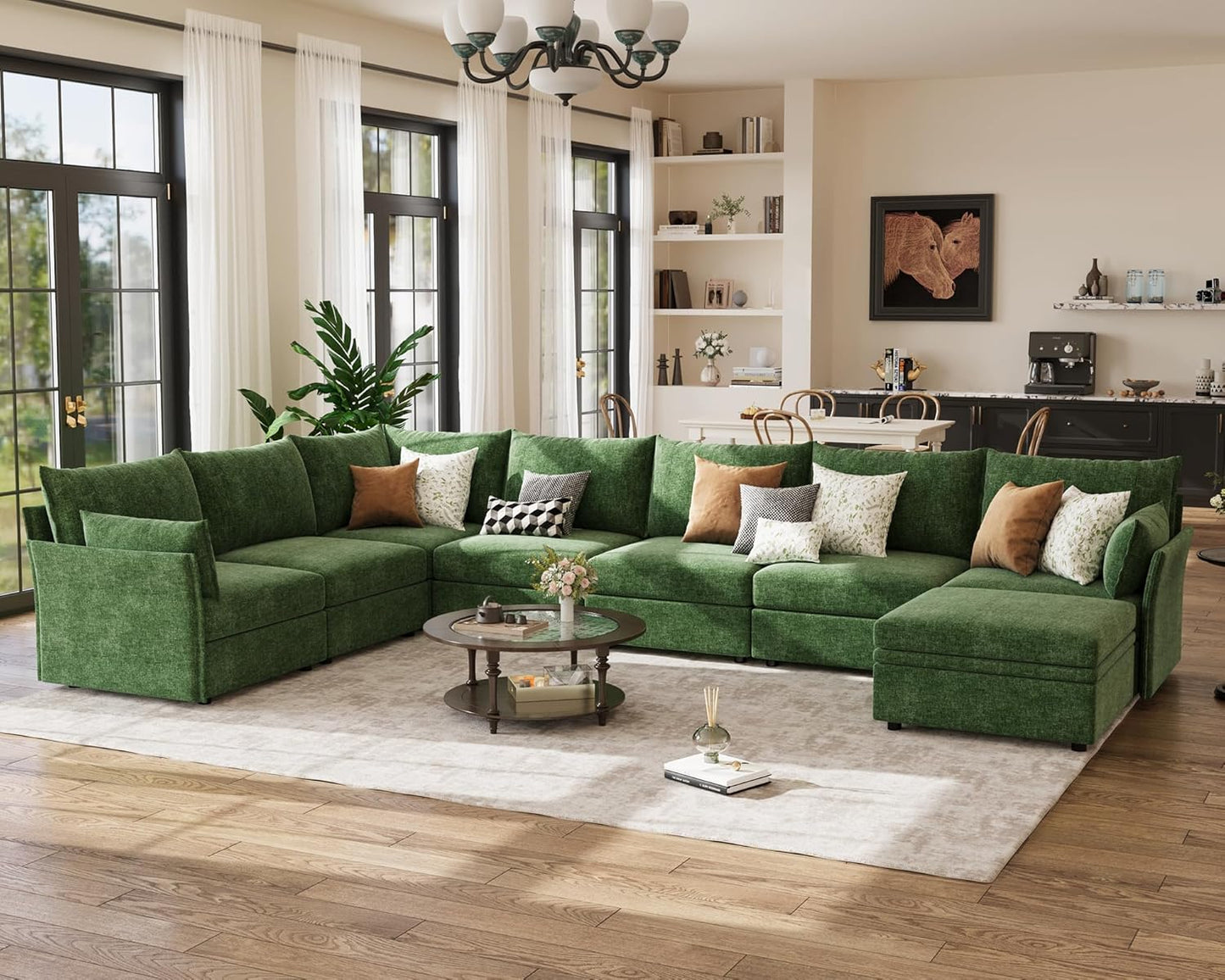 166.6" Oversized Modular Sectional Sofa, U Shaped Convertible Couch with Movable Ottoman, Large 8 Seat Corner Couches for Living Room Deep Seat Green Chenille