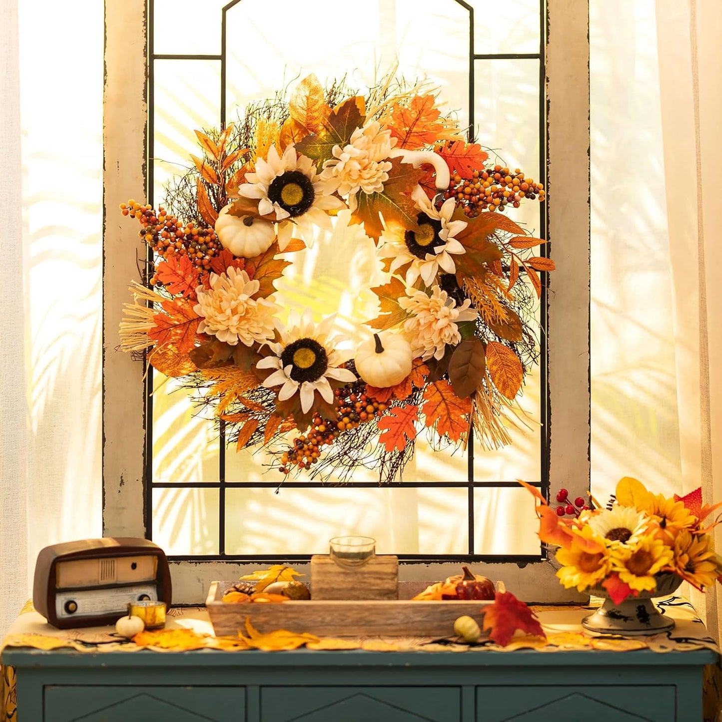 Fall Wreaths for Front Door Decor - Walasis 20 Inch Thanksgiving Wreath with Maple Leaves White Pumpkin Daisy Sunflower Wreath Autumn Harvest Decorations for Table Front Porch