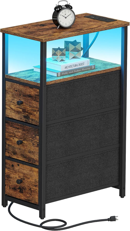 TUTOTAK Narrow LED Night Stand with Charging Station, Slim End Table with Plugins, Tall Side Table with 3 Fabric Drawer, Small Bedside Table with Storage, for Living Room, Brown TB01BB086L