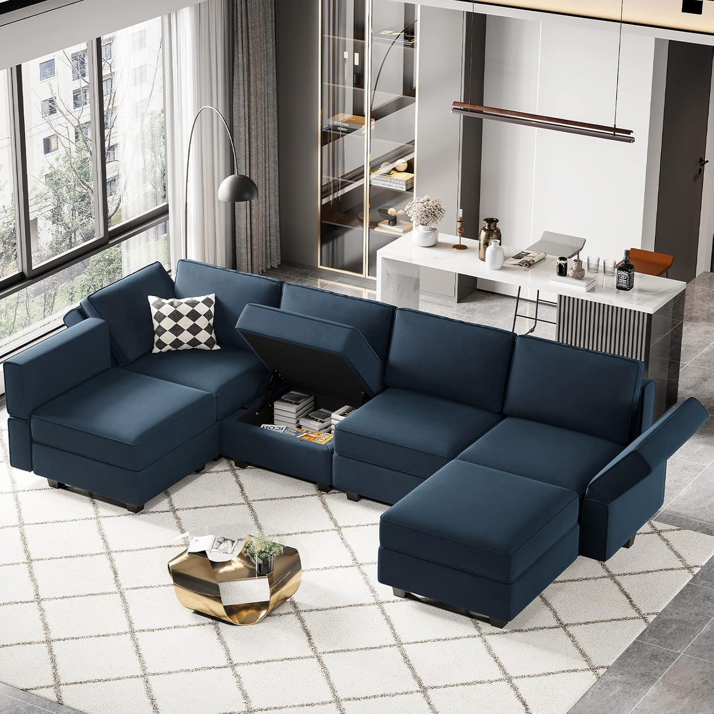Belffin Modular Velvet Sectional Sofa with Chaise Lounge Sectional Sleeper Sofa with Storage Chaise Bed Couch for Living Room Blue