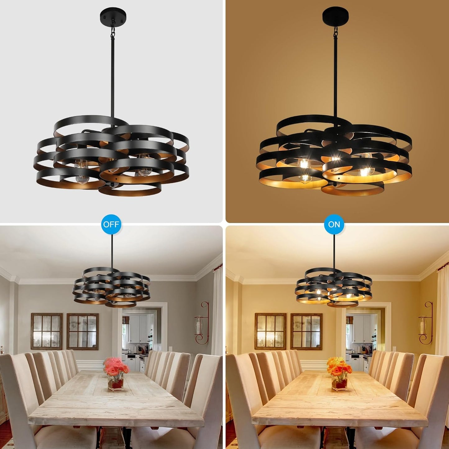 6-Light Modern Farmhouse Chandeliers for Dining Room, Rustic Multiple Rings Pendant Lighting, Industrial Metal Round Chandelier for Kitchen Entryway, Black with Gold Interior