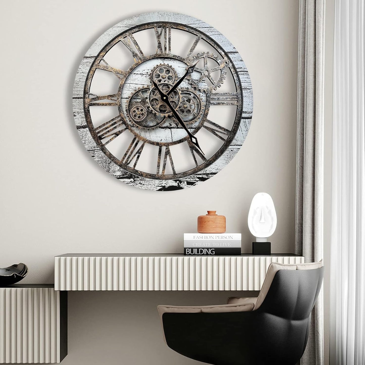 The B-Style Large Wall Clock 24 inch Moving Gear Wall Clock Oversized Vintage Farmhouse Wall Clocks for Living Room Decor Rustic Industrial Wood Clock (Gray and White)