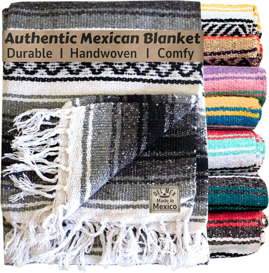 Del Mex Classic Mexican Blanket, Large Authentic Woven Falsa Throw (70"x50"), Artisan Southwest Décor for Beach, Yoga, Outdoors (Gray)