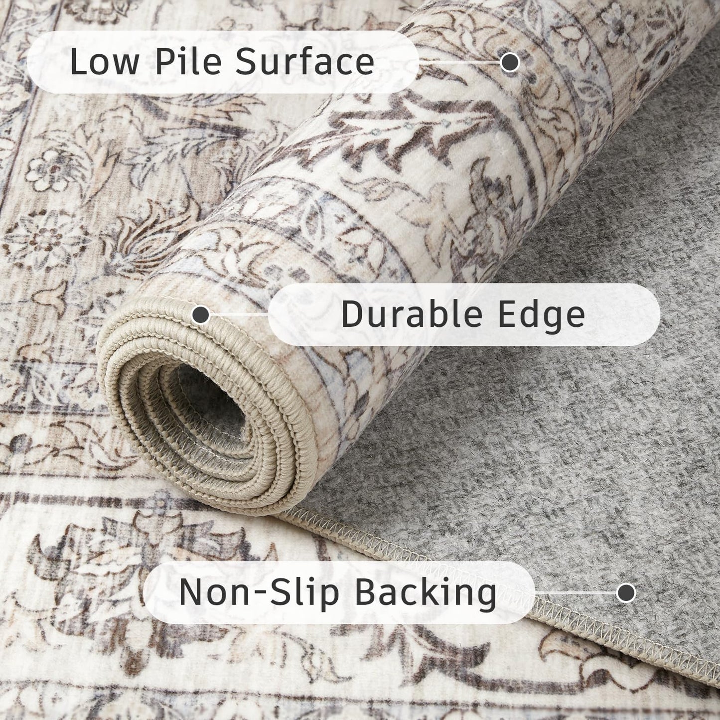 DCX Machine Washable Brown and Beige Area Rug 5x7, Non Slip Stain Resistant Vintage Floral Rug for Living Room Bedroom Nursery, Soft Low Pile Large Carpet