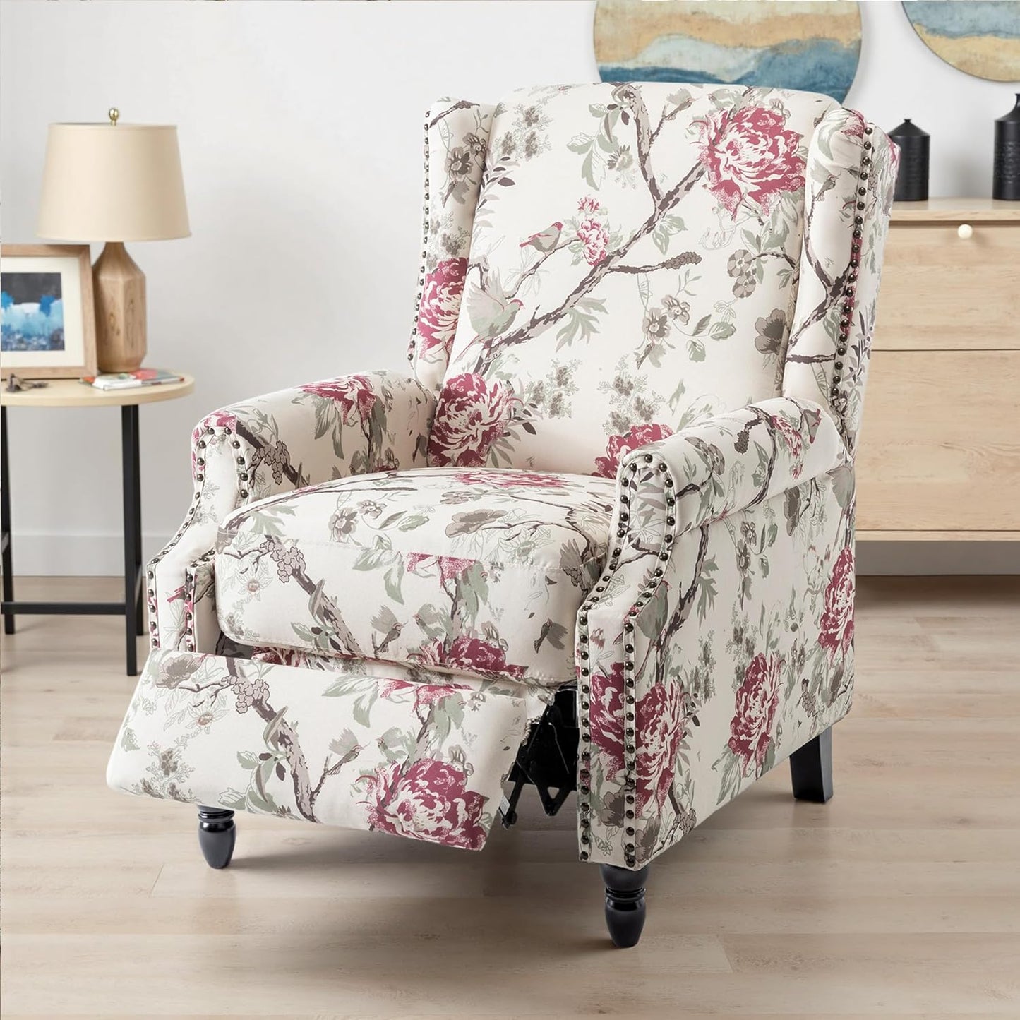 UIXE Pushback Recliner Chair, Fabric Upholstered Armchair Push Back Accent Chair for Living Room, Rivet Trim Home Theater Single Sofa Bedroom Reading Seat with Footrest - Beige Floral