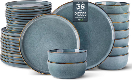 GBHOME Ceramic Dinnerware Sets for 12, 36 Pieces Stoneware Plates and Bowls Sets, Reactive Glaze Dishes -Scratch Resistant, Dishwasher&Microwave Safe, Space Blue