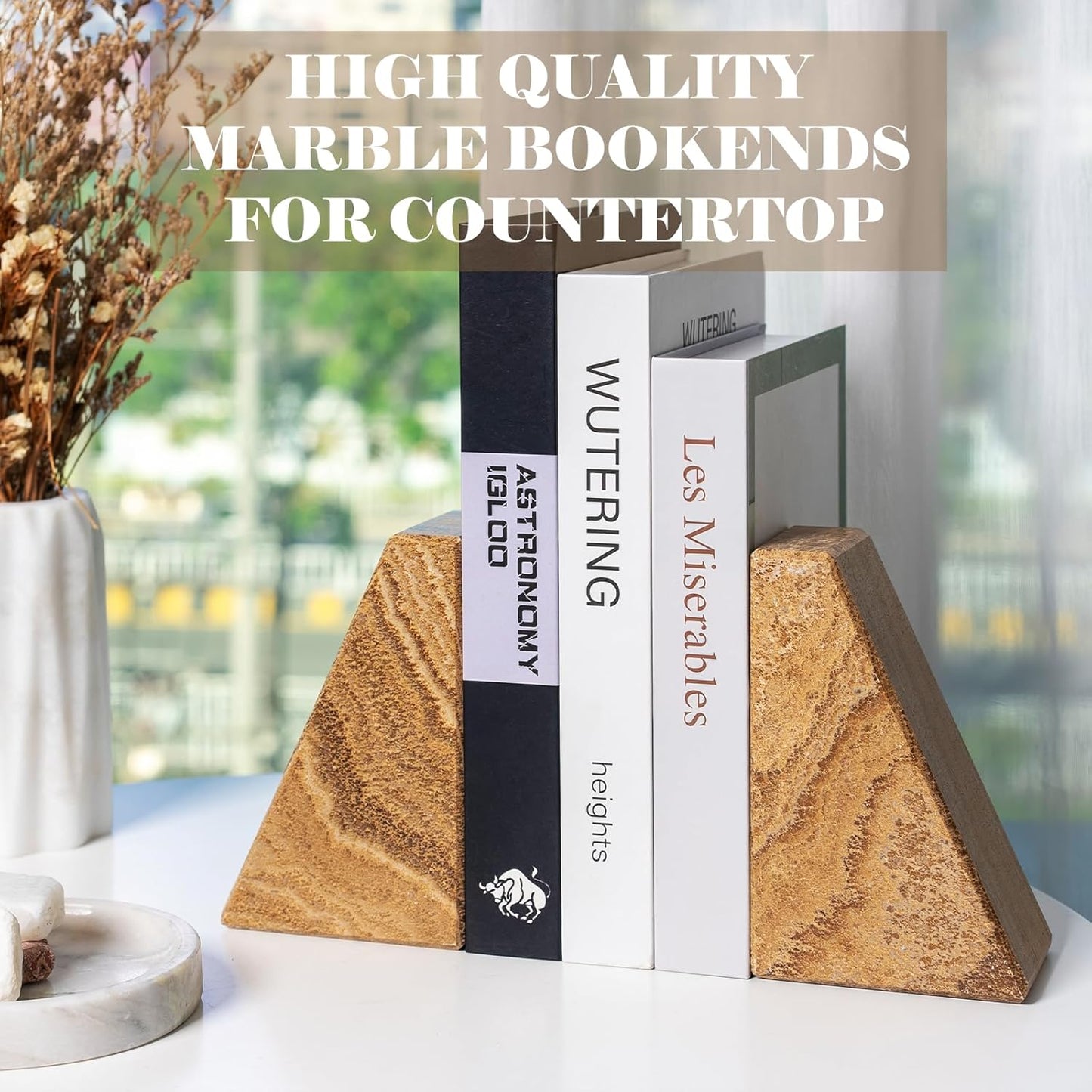 Marble Bookends for Heavy Books, Decorative Book Ends for Shelves, Unique Marble Stone Durable and Heavy Book Ends for Hardback Books & CDS, Book Stopper/Holder, Set of 2(Moca Jade)