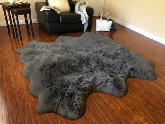 LAMBZY Faux Sheepskin Super Soft Hypoallergenic Free Shape Silky Shag Rug, Luxury Shaggy Plush Carpet for Bedrooms Living Kids Room Sofa Rugs (Dark Grey, Sexto 6 Pelts 6'x6')