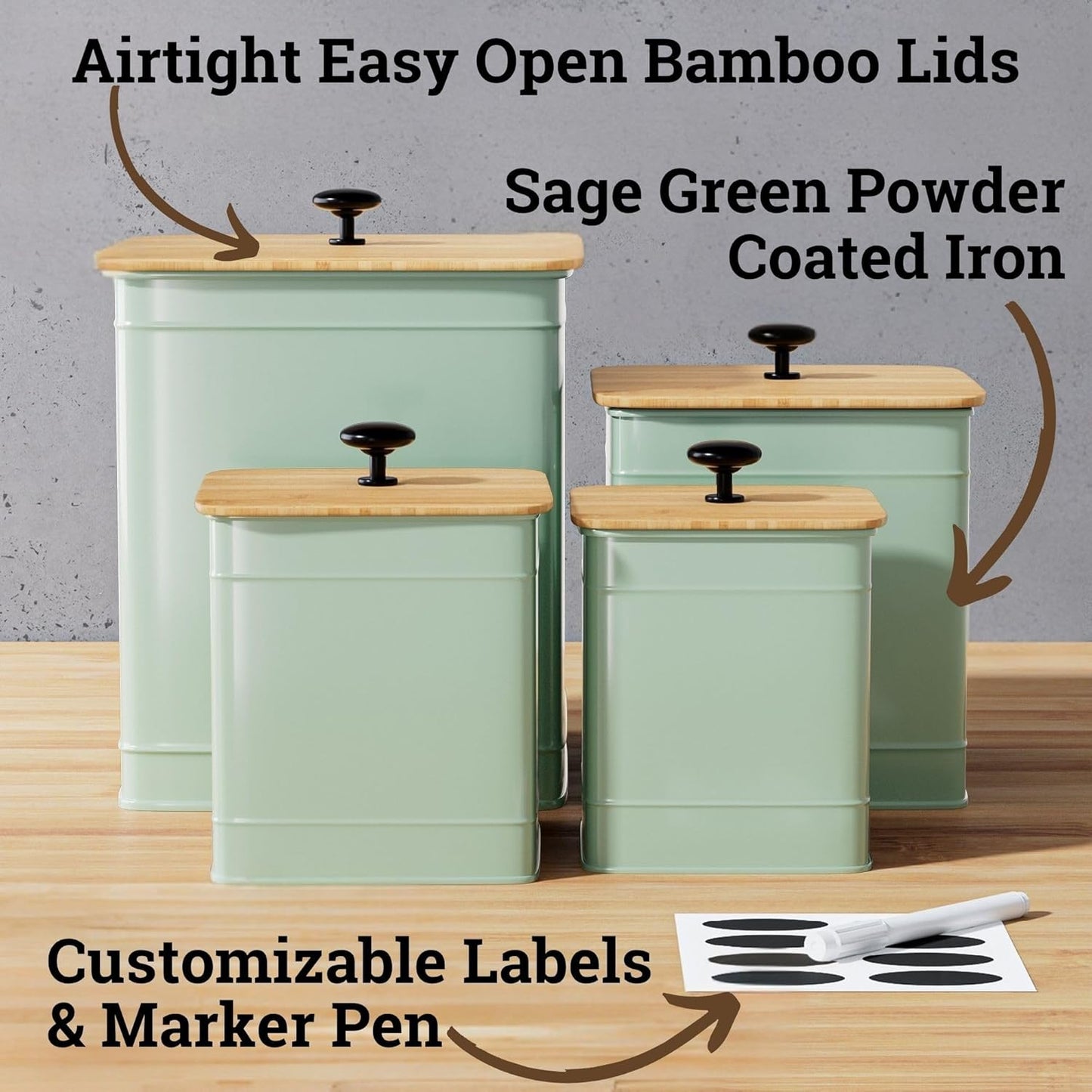 Kitchen Canisters for Countertop Set of 4 with Customizable Chalkboard Labels & Marker Pen - Big Iron Kitchen Canisters with Airtight Lids - Sage Green Canister Set - Flour and Sugar Containers