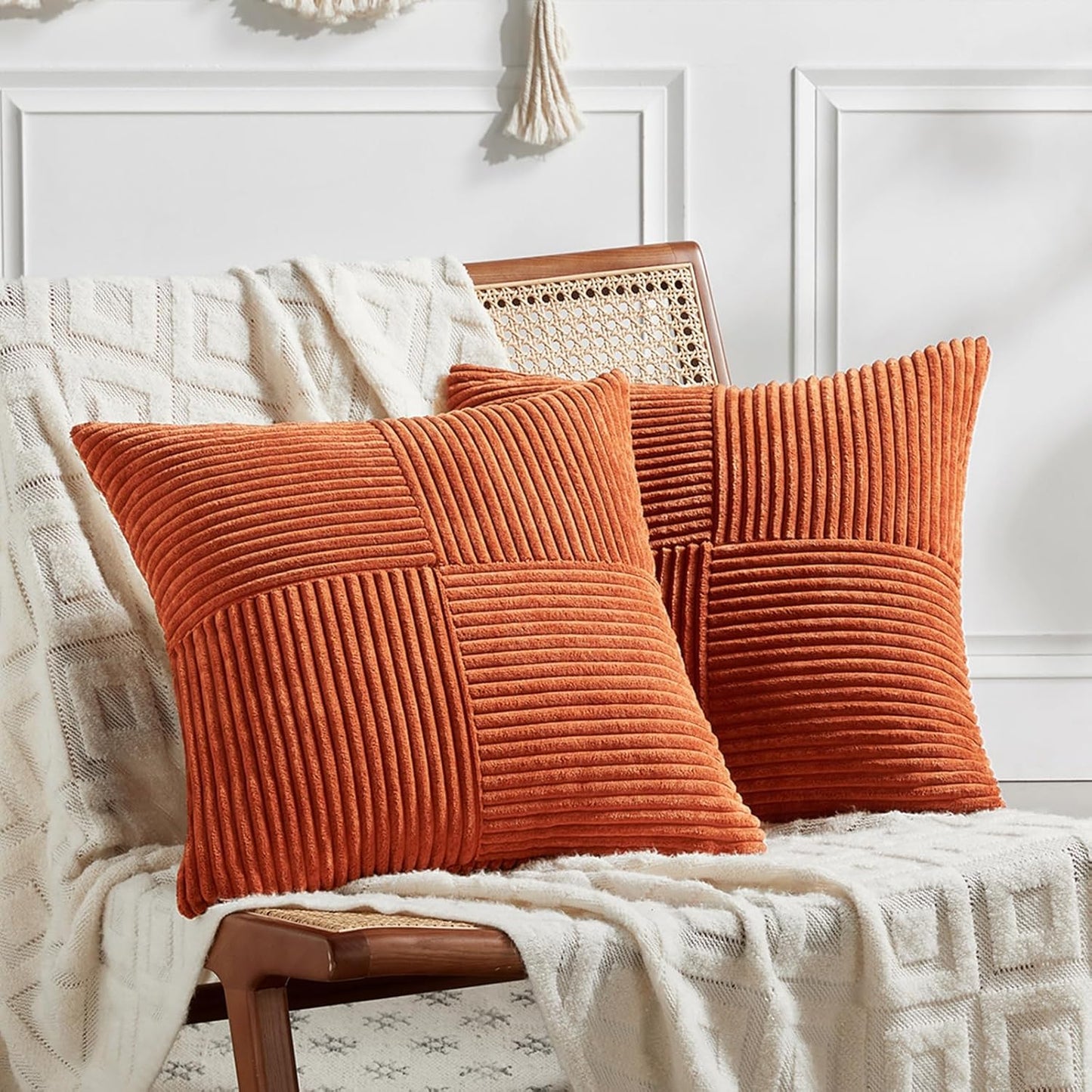 Fancy Homi Set of 2 Burnt Orange Decorative Throw Pillow Covers 16x16 Inch for Living Room Couch Bed, Boho Farmhouse Fall Home Decor, Soft Corss Corduroy Patchwork Textured Cushion Case 40x40 cm