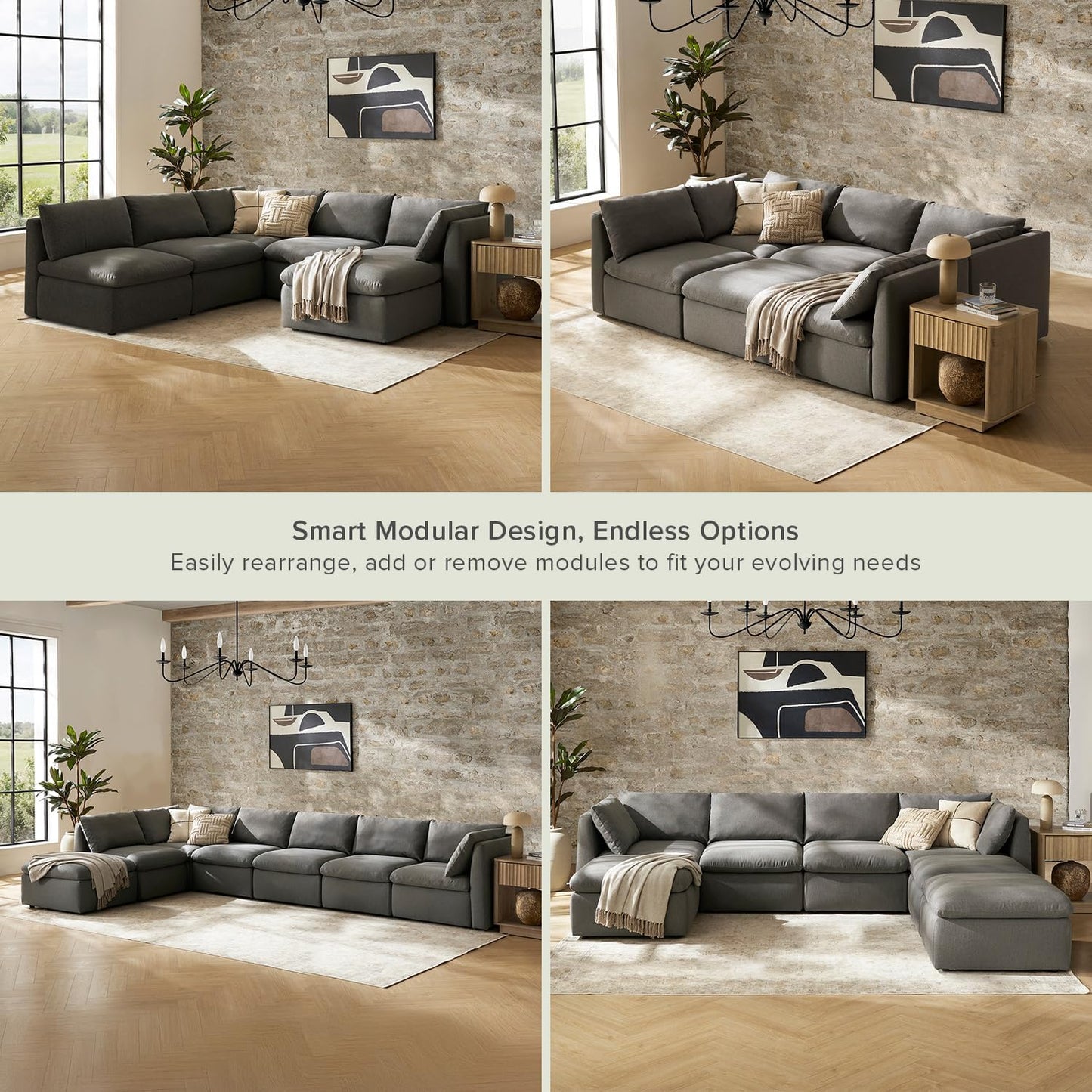 mopio Oversized Modular Sectional Sofa with Fully Removable Covers and Storage, Convertible U, L-Shaped and Sleeper Sectional, Modern Couches with Ottoman Chaise (Stone Gray Fabric, 6 Seats, L)