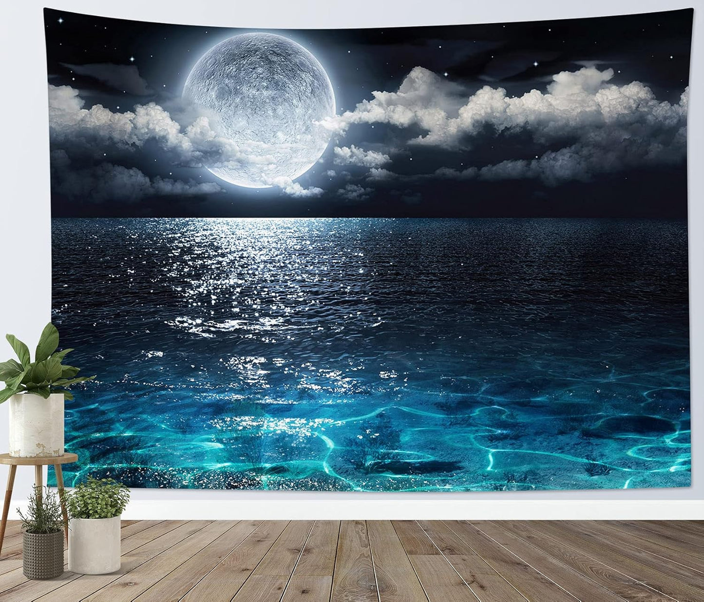 LB Night Sky Ocean Tapestry Full Moon on Sea Tapestry Wall Hanging Fantasy White Cloud Watercolor Wall Art for Bedroom Living Room Dorm Wall Decor, 59Wx51H inches