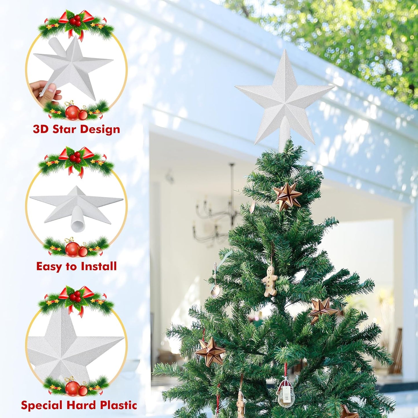 Star Tree Topper, 8" White Christmas Tee Topper Decorations, Glitter 3D Xmas Bethlehem Star Waterproof Shatter-Proof, Christmas Tree Topper Ornament Decor for Christmas Holiday Party Indoor Outdoor