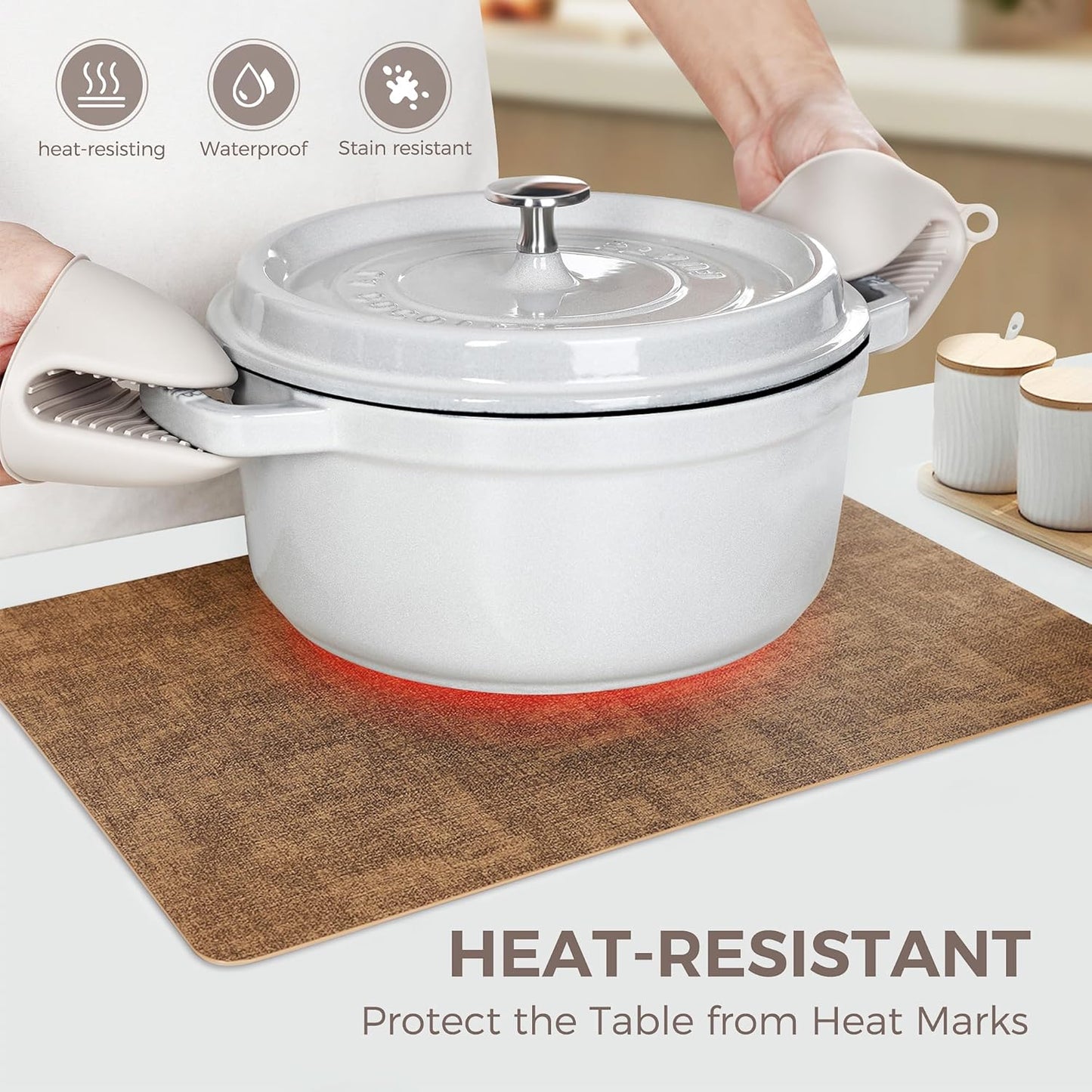 Vinyl Placemats Set of 6, Faux Leather Waterproof and Heat Resistant Place Mats, Washable Anti-Slip Table Mats with Coaster, Wipeable Placemats for Indoor & Outdoor 17" x 12" (Light Brown, Set of 6)