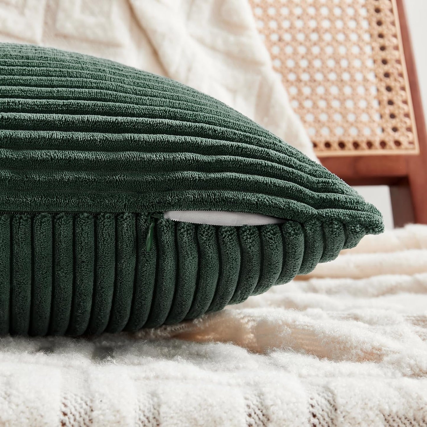 Fancy Homi Set of 2 Dark Green Decorative Throw Pillow Covers 24x24 Inch for Bedroom Couch Bed, Boho Farmhouse Forest Green Home Decor, Soft Corss Corduroy Patchwork Textured Cushion Case 60x60 cm