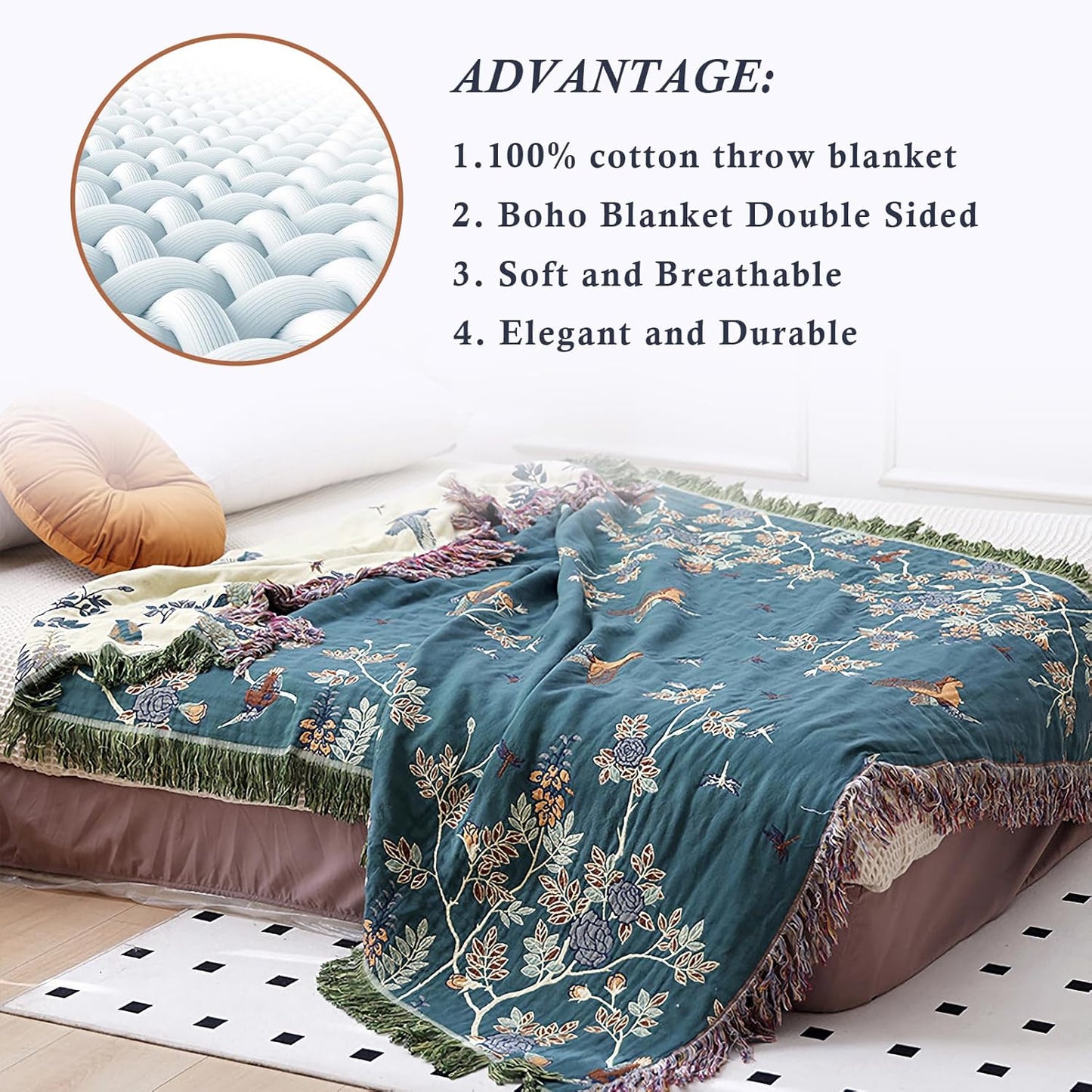 Snycler Boho Throw Blanket for Bed - 100% Cotton Ultra Soft Rustic Quilt Blanket Green Floral Bird Printed Farmhouse Decor Bed Blankets, 80"×90" All Season Rustic Throw for Sofa Chair Couch