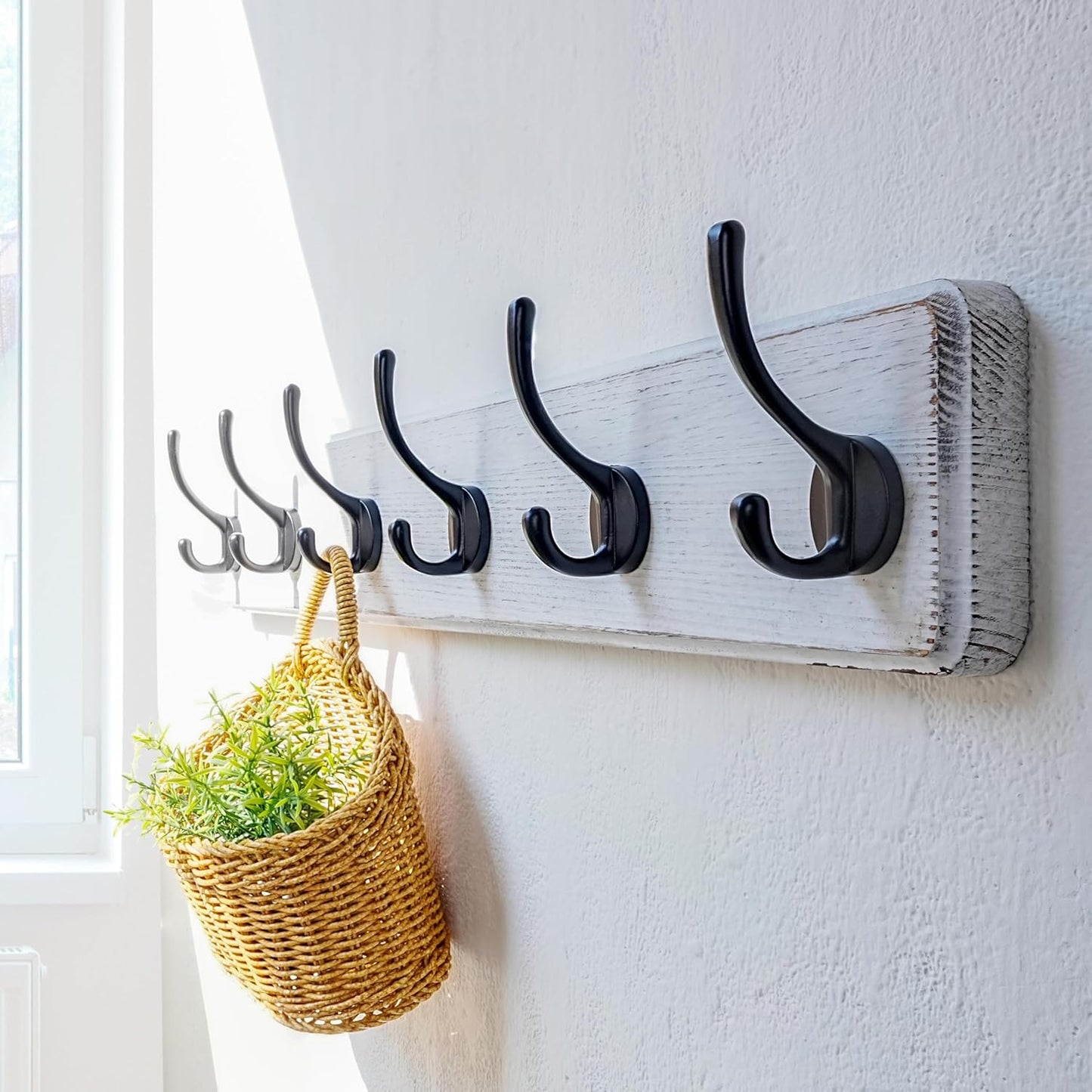 Dseap Coat Rack Wall: 24" Long, Patented, Heavy-Duty, 6-Double-Hooks Wooden Wall Mounted Coat Rack Coat Hanger Hook Rail for Winter Coats Hat Jacket Clothing, White & Black
