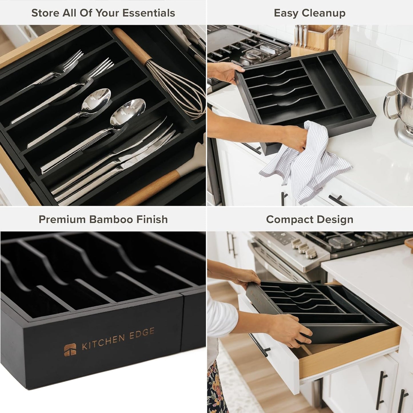 Premium Silverware, Flatware and Utensil Organizer for Kitchen Drawers, Food-Safe Contract Grade, Expandable from 14.5 to 25 In, Black Bamboo