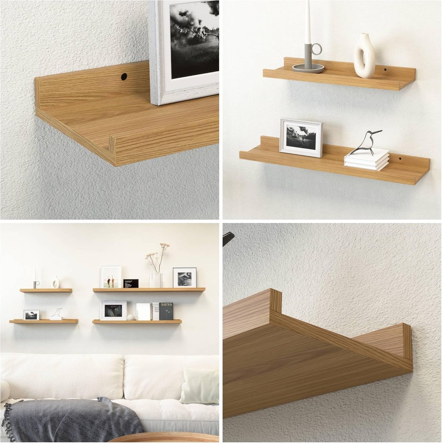 RICHER HOUSE 5 Set Floating Shelves for Wall Decor, Wall Mounted Book Shelf, Nursery Shelves Picture Ledge Shelf with Lip for Wall Storage, Bedroom, Living Room, Bathroom - Oak