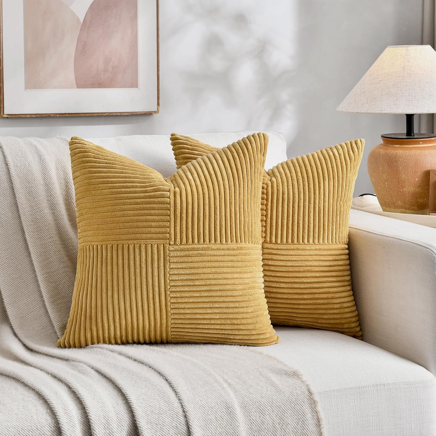 Fancy Homi 2 Packs Mustard Yellow Samll Decorative Throw Pillow Covers 14x14 Inch with for Couch Bed Sofa, Rustic Farmhouse Boho Home Decor, Soft Corss Patchwork Corduroy Square Cushion Case 35x35 cm