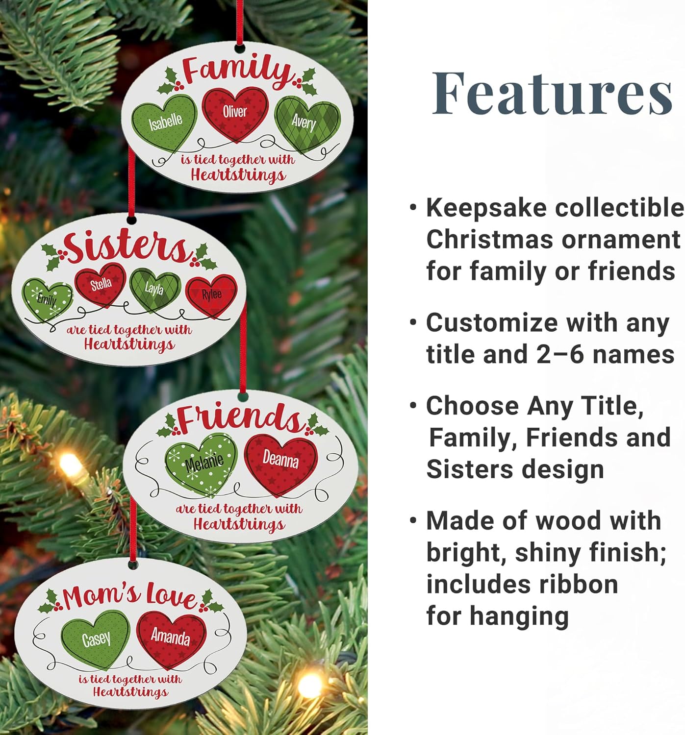 Let’s Make Memories Personalized Christmas Ornament - for Sisters - 2024 Christmas Ornament - Wood - Oval - 2–6 Names - Heartstrings