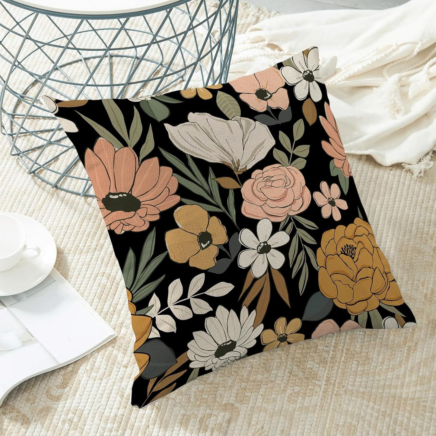 CXMEIFLY Spring Floral Pillow Covers 20 x 20 Inch Set of 2 for Vintage Pink Mustard Yellow Cream Flowers Decor Throw Pillows Plant Black Outdoor Decorative Cushion Cases for Couch Bed Decorations