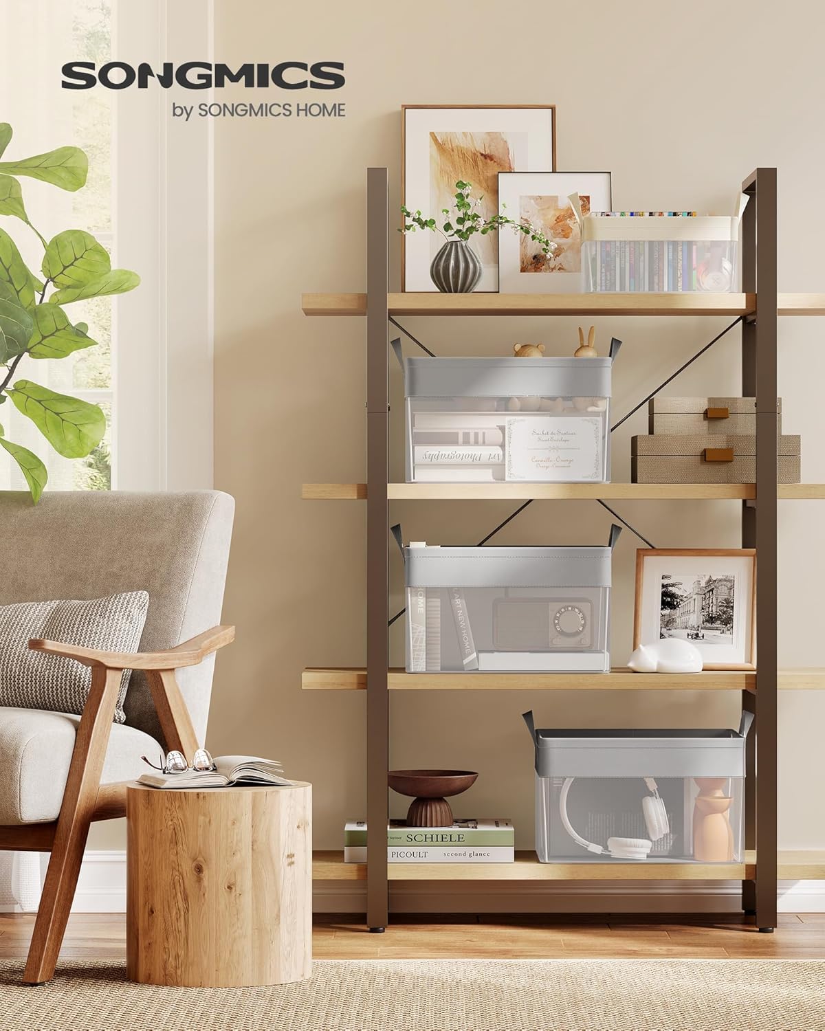 SONGMICS Storage Bins Set of 3, Medium Fabric Storage Baskets, Foldable Organizer with Transparent Nylon Mesh, 15.7 x 11.8 x 9.8 Inches, Handles, for Bedroom, Living Room, Dove Gray URFB940G01