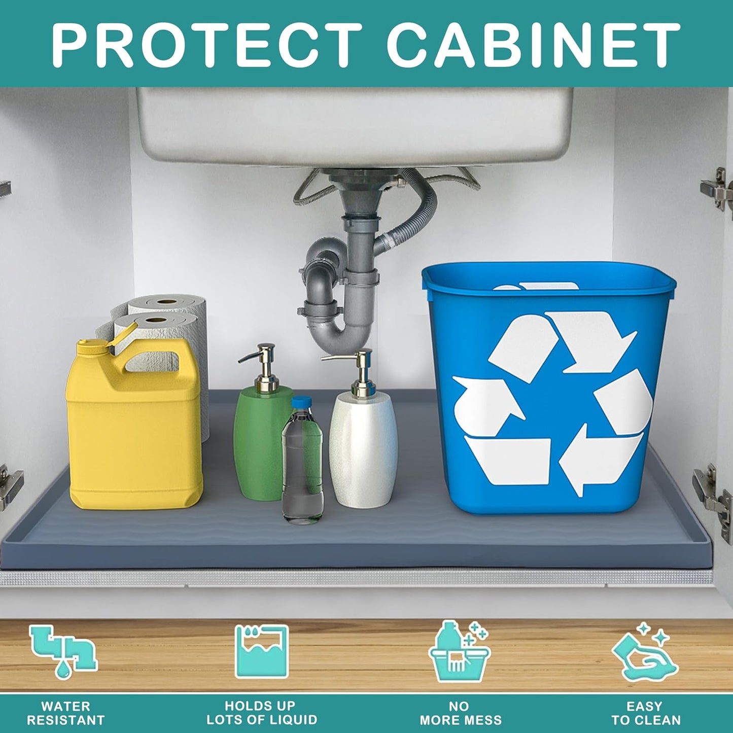 URMONA Waterproof Silicone Under Sink Mat 31'' x 22'' Shelf Liner for Kitchen and Bathroom, Cabinet and Counter Protector, Storage and Organizers, Litter Mat, Pet Cat Puppy Essentials(Black)