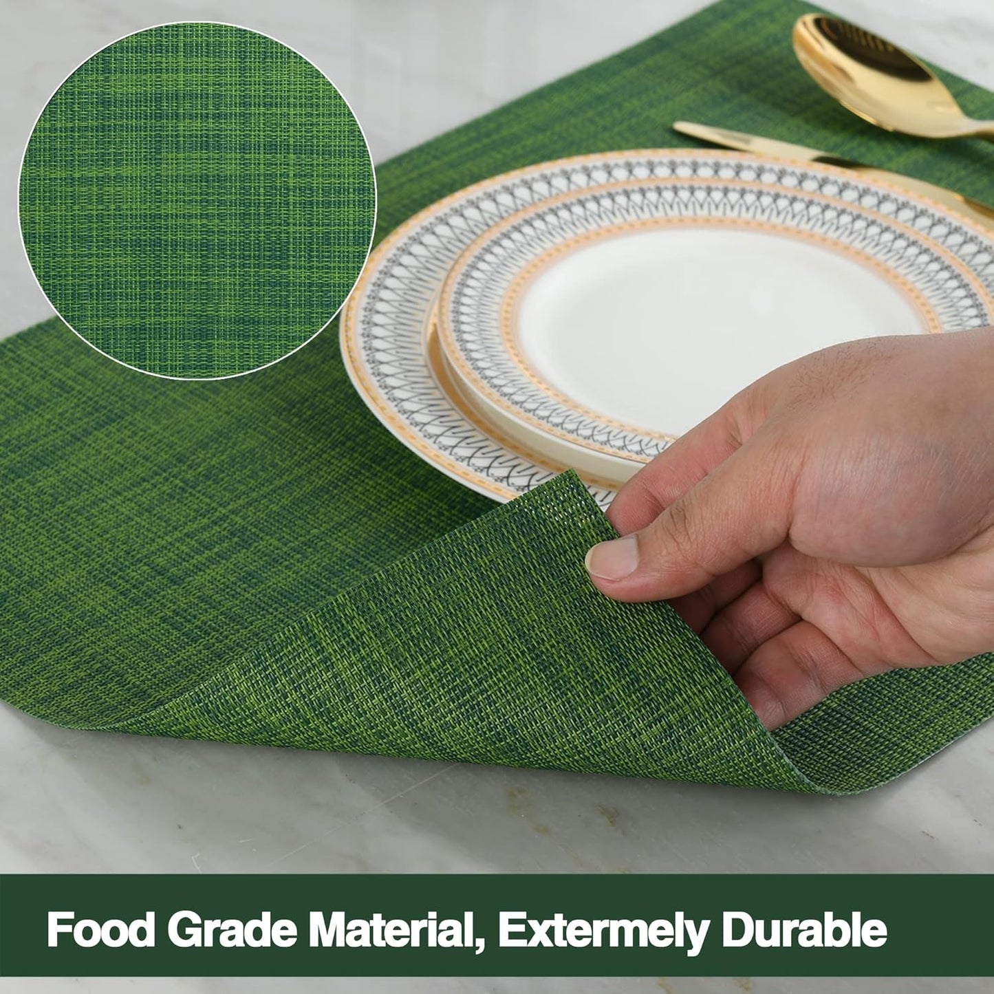 Green Christmas Placemats Set of 4 - Wipe Clean Vinyl Placemats - Washable Heat Resistant PVC Placemats for Dining Table - 17x12 Inch (Green, 4)