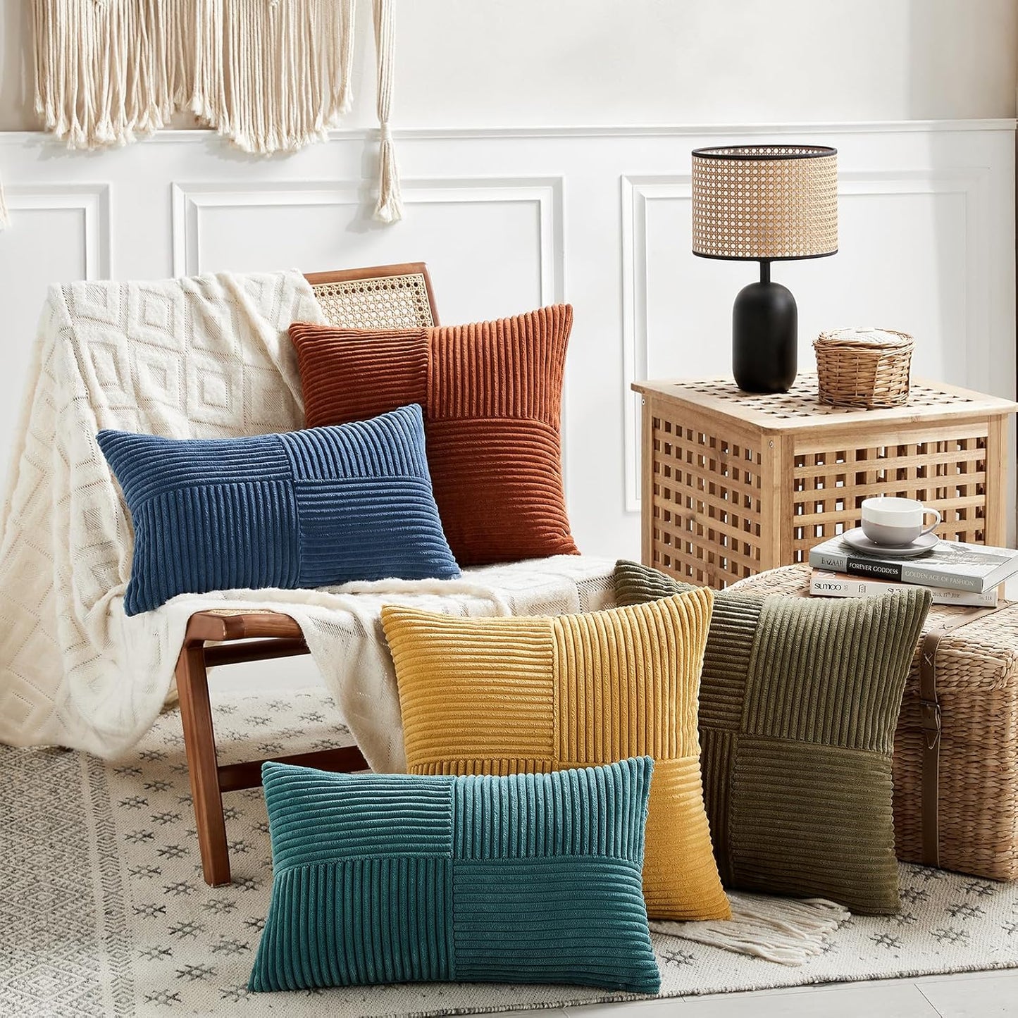 Fancy Homi 2 Packs Olive Green Long Lumbar Decorative Throw Pillow Covers 12x24 Inch for Couch Bed Sofa, Rustic Farmhouse Boho Home Decor, Soft Striped Corduroy Rectangle Accent Cushion Case 30x60 cm