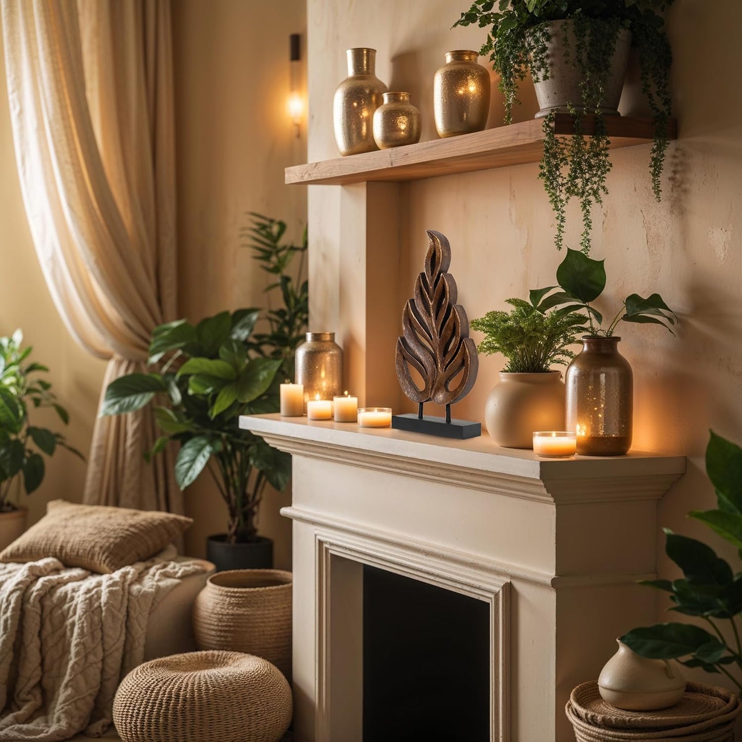 Decozen Wooden Leaf Sculpture - Hand‑Carved Solid Wood Coffee Table Decor and Western Decor Accent for Living Room, Mantel, Bookshelf Centerpiece