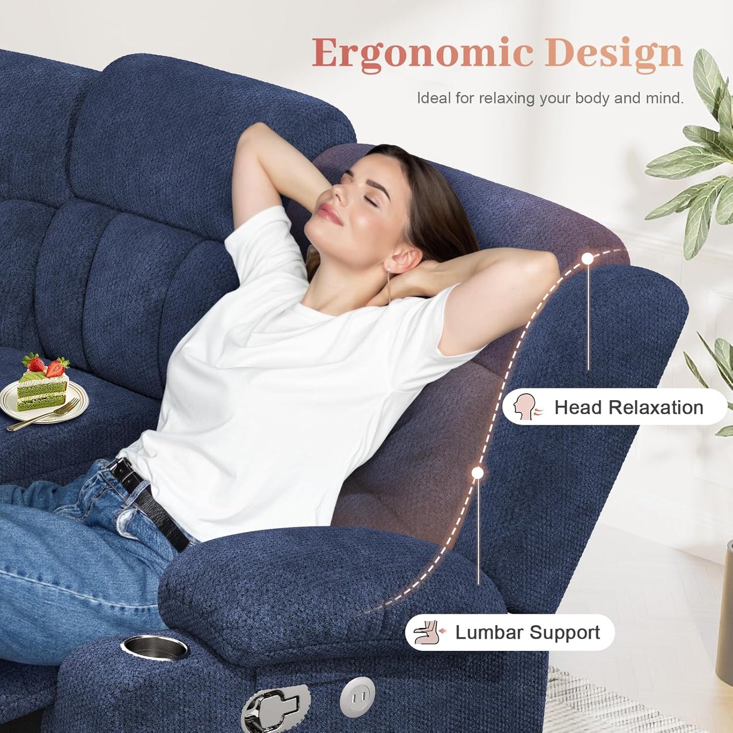 Recliner Sofa Set with 2+1+1 Pieces, Fabric Manual Pull Tab Reclining Loveseat with Storage Console, Single Recliner Chair for Living Room, RV, Blue