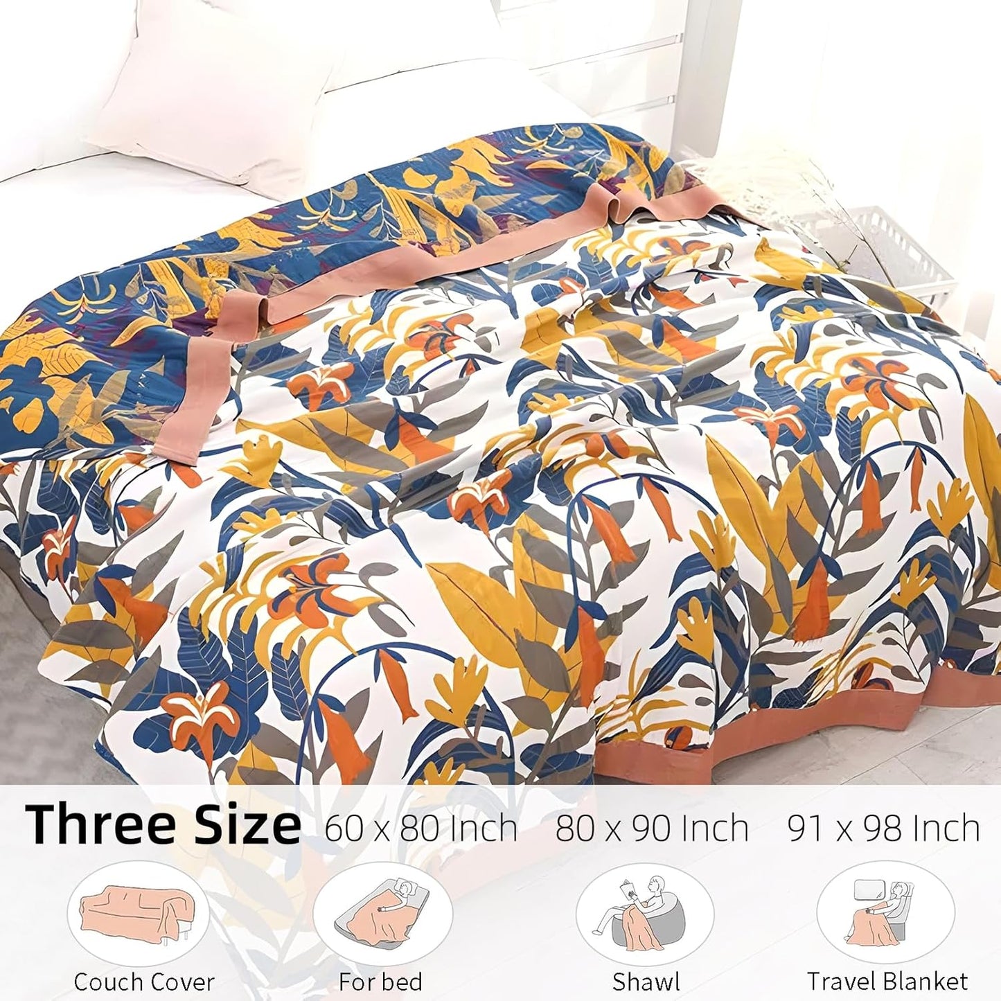 Boho Throw Blanket for Bed - 100% Pure Cotton Ultra Soft Rustic Quilt - Farmhouse Decor Bed Blankets, All Season Rustic Throw for Sofa Couch Chair(60"×80", Floral Sea)