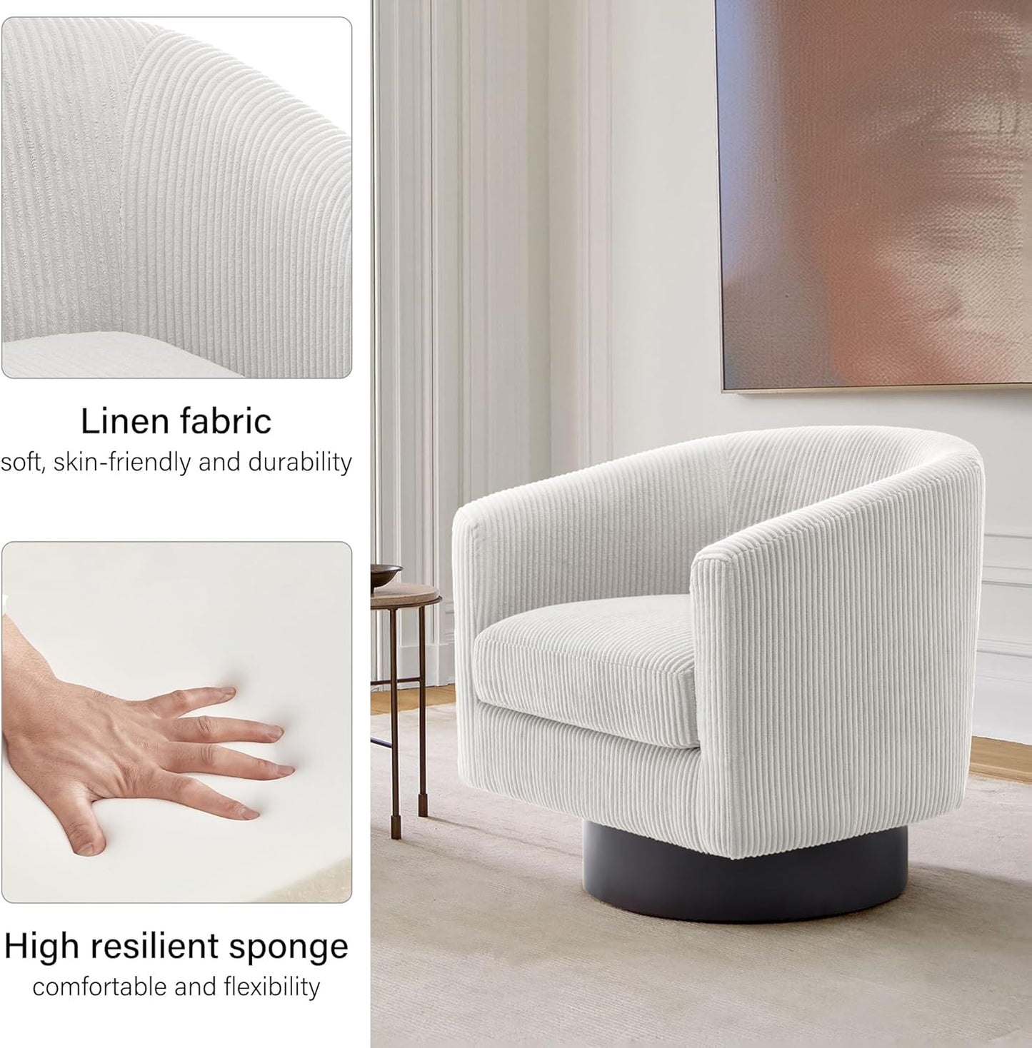 Swivel Barrel Accent Chair, Modern Round Corduroy Fabric Arm Chair for Living Room, Bedroom, Comfy Club Reading Chairs for Adults (Corduroy Beige, Set of 2)