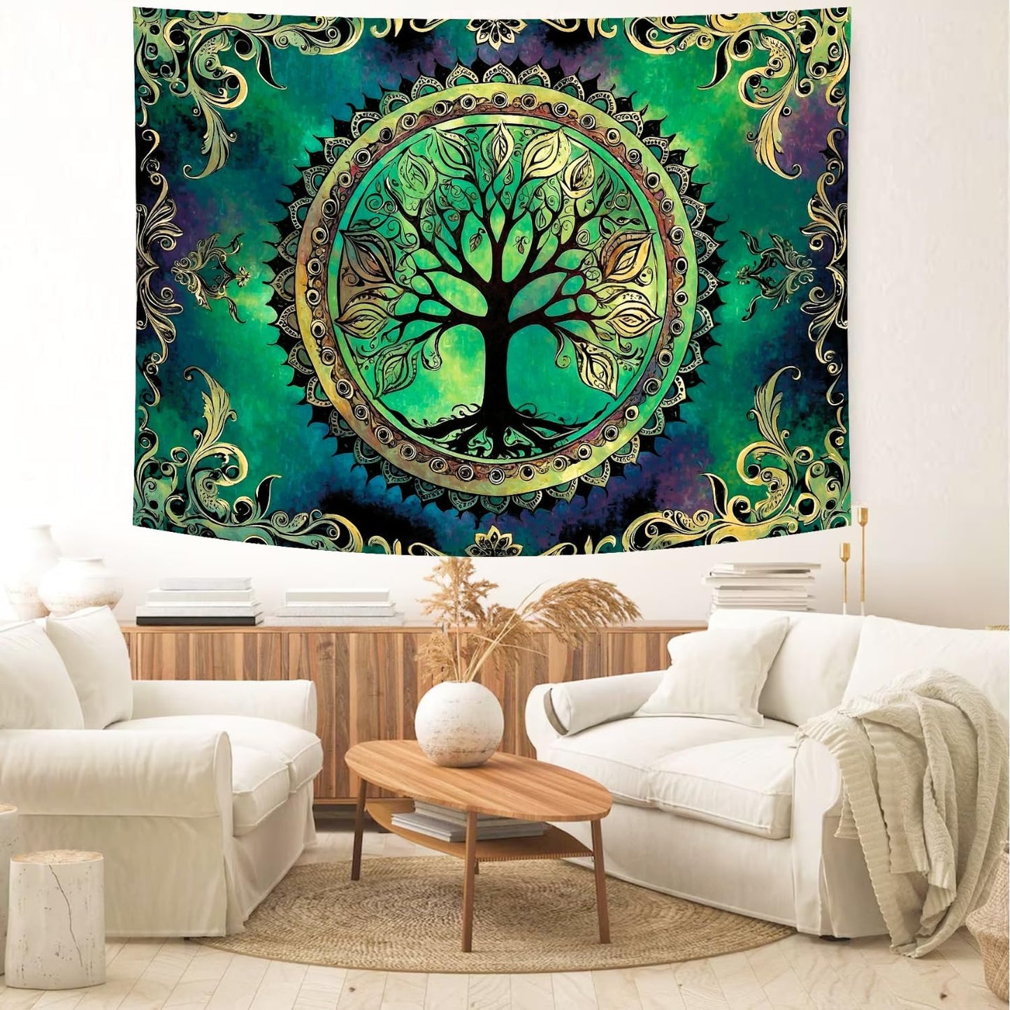 Delur Tree of Life Tapestry Green Nature Bohemian Mandala Spiritual Tapestry Wall Hanging Mystical Landscape Hippie Psychedelic Headboard for Bedroom Living Room Home Decor (51.2" x 59.1")